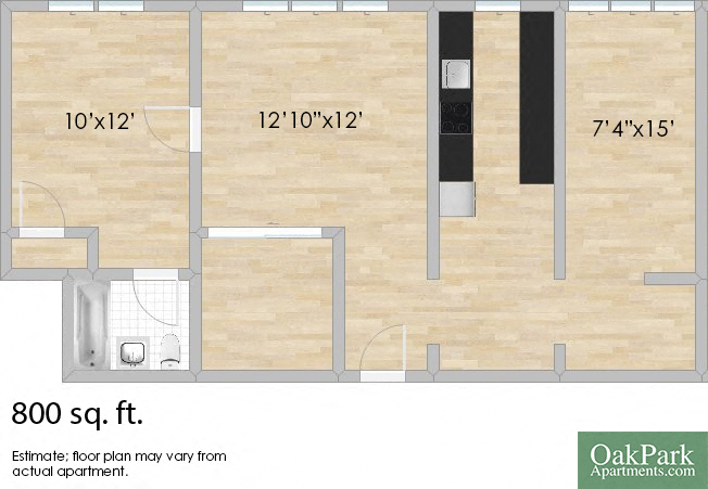 Floor plan for 1 bed, 1 bath, 800 sqft
